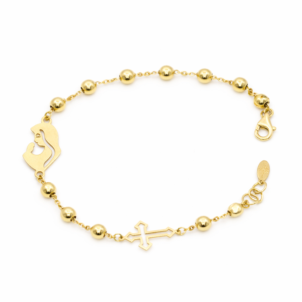 18K Gold Religious Bracelet – Mother Mary & Cross Charm Beaded Bracelet