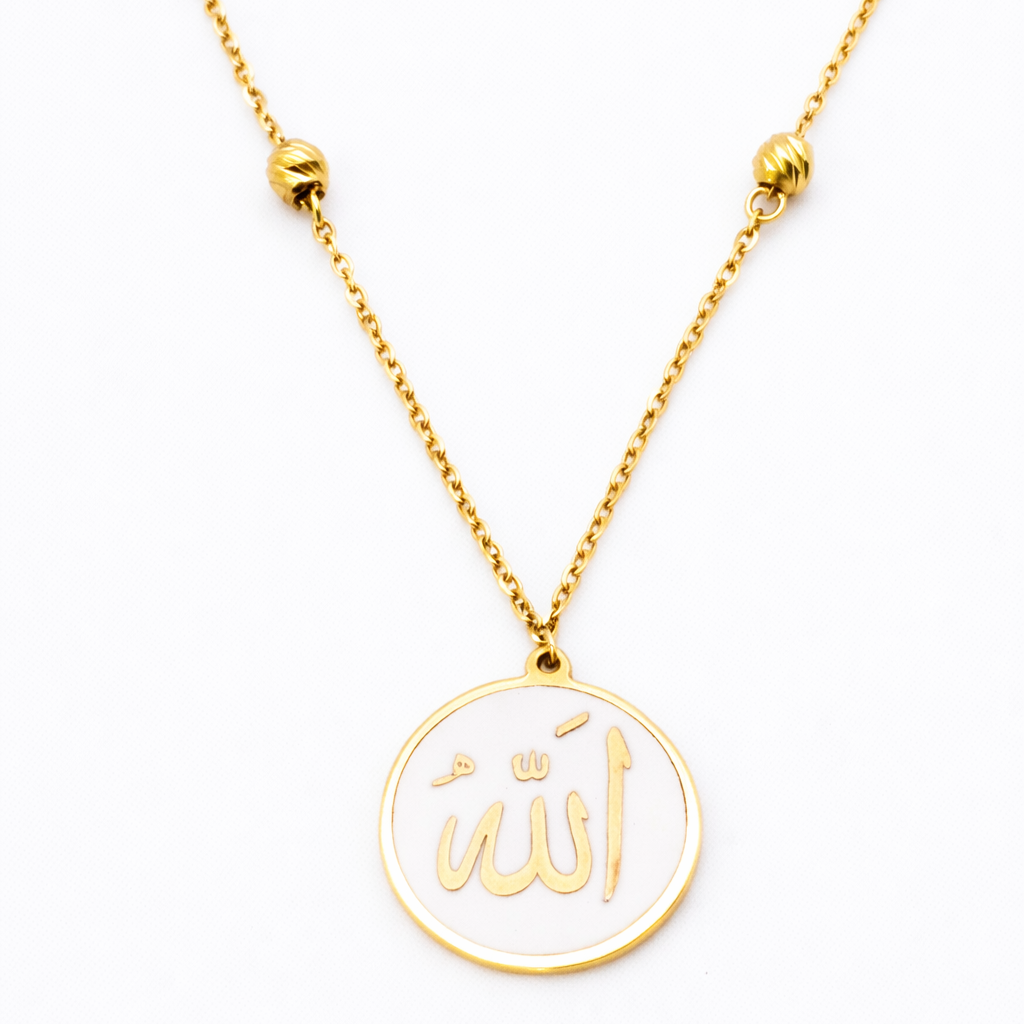 18K Solid Gold Allah Medallion Necklace – White Enamel Arabic Calligraphy Pendant