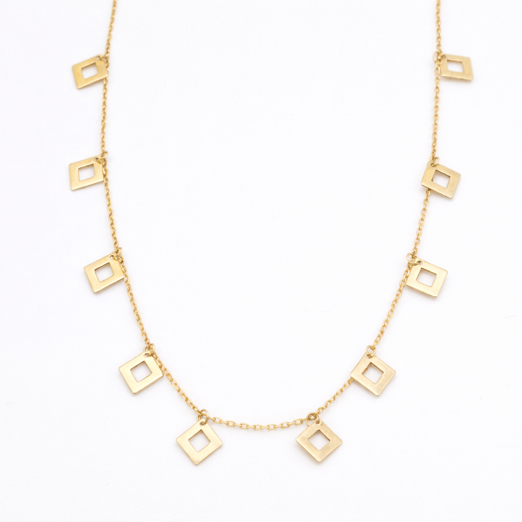 18K Solid Gold Geometric Square Charm Necklace
