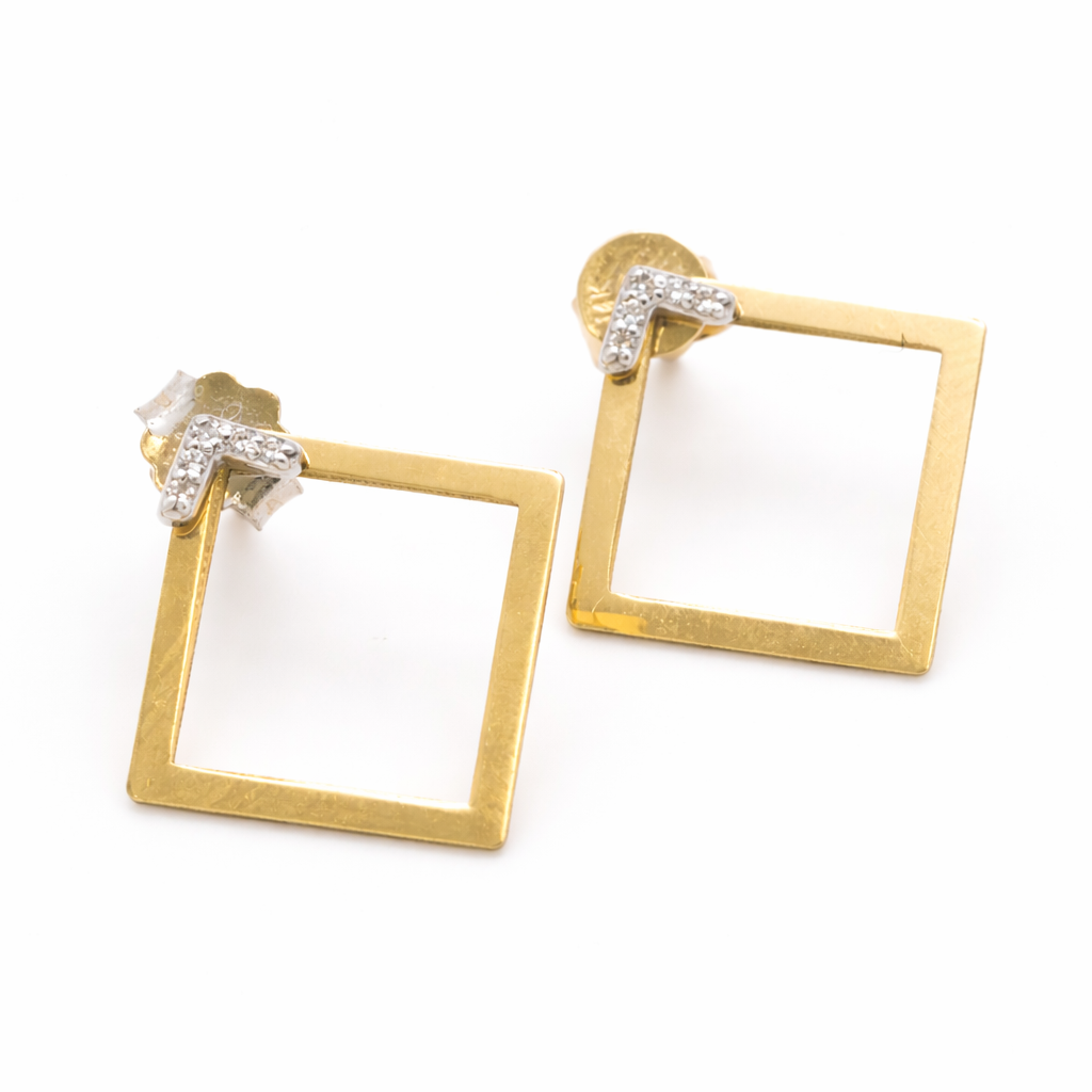 18K Solid Gold Square Drop Earrings with CZ Accent