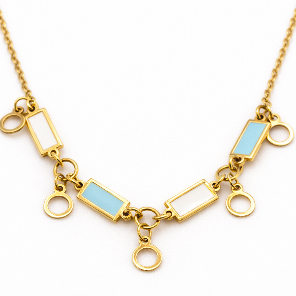 18K Solid Gold Blue & White Enamel Necklace – Geometric Charm Link Design
