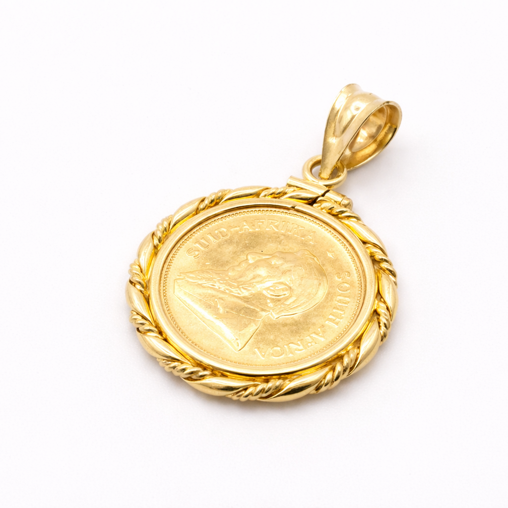 21K Solid Gold Coin Pendant – South Africa Krugerrand Coin Charm with Rope Frame