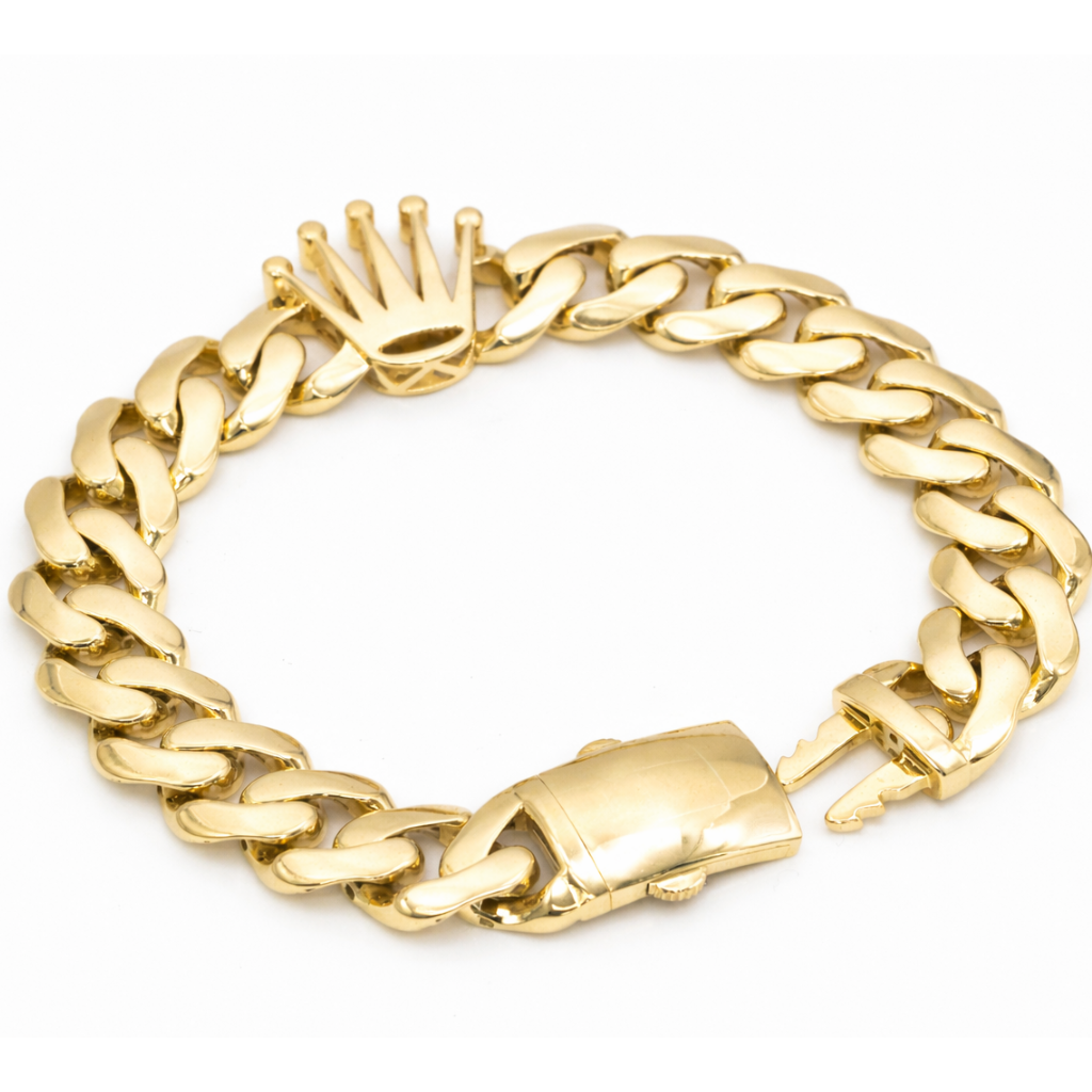 18K Solid Gold Crown Cuban Link Bracelet – Luxury Statement Chain