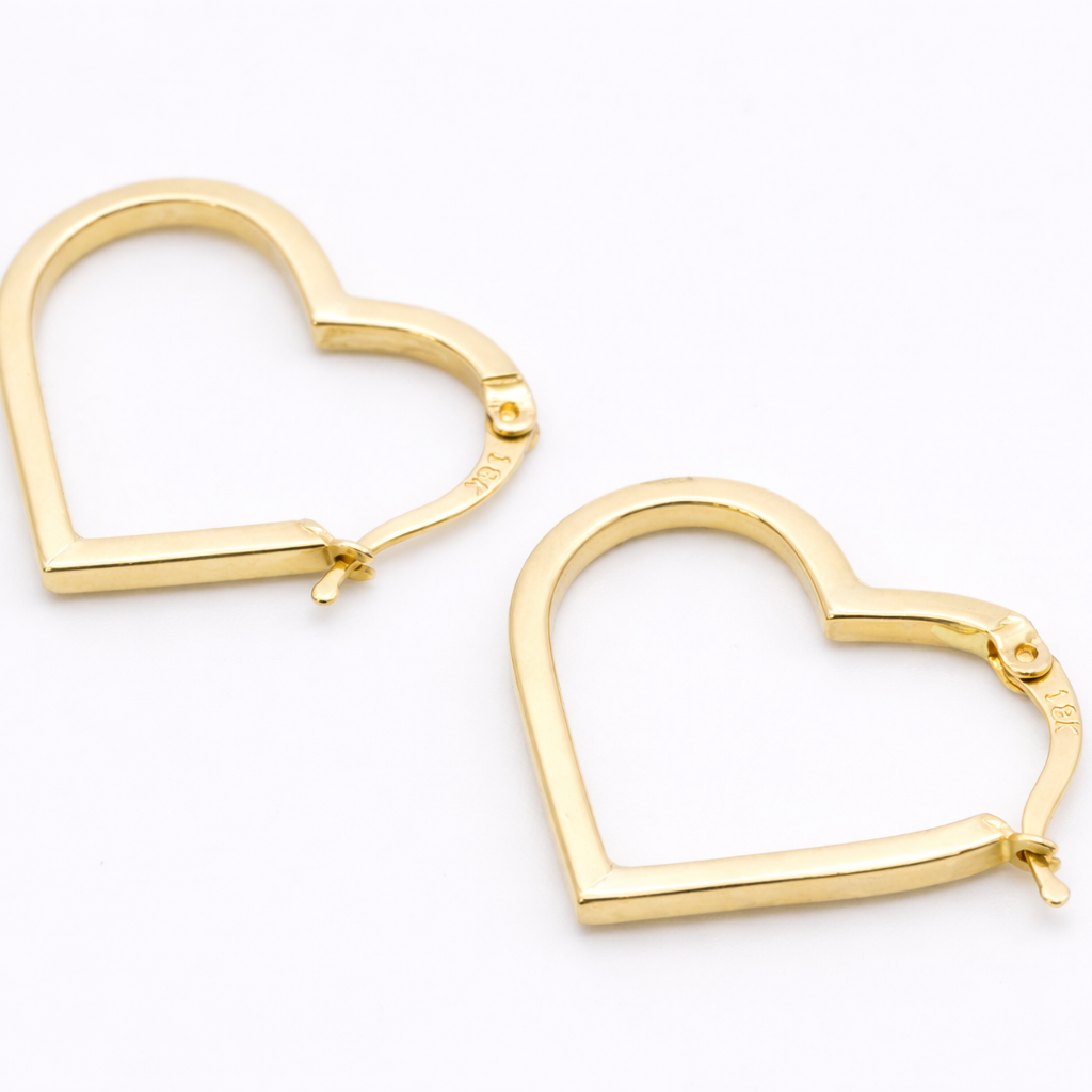 18K Solid Gold Open Heart Hoop Earrings