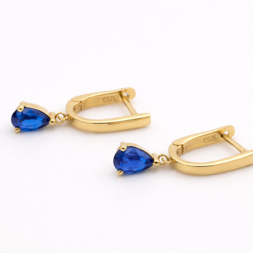 18K Solid Gold Blue CZ Drop Earrings – Pear Cut Sapphire Color Dangle Earrings