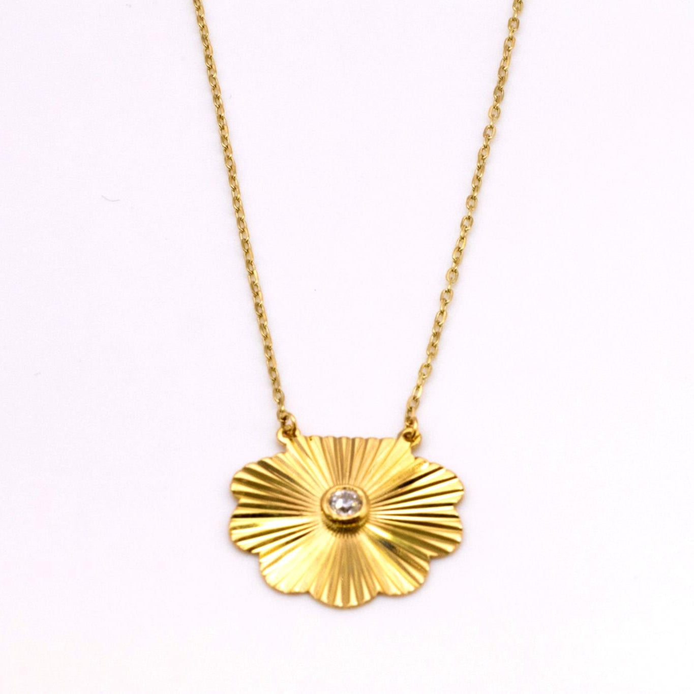 18K Solid Gold Sunburst Flower Necklace with CZ Center