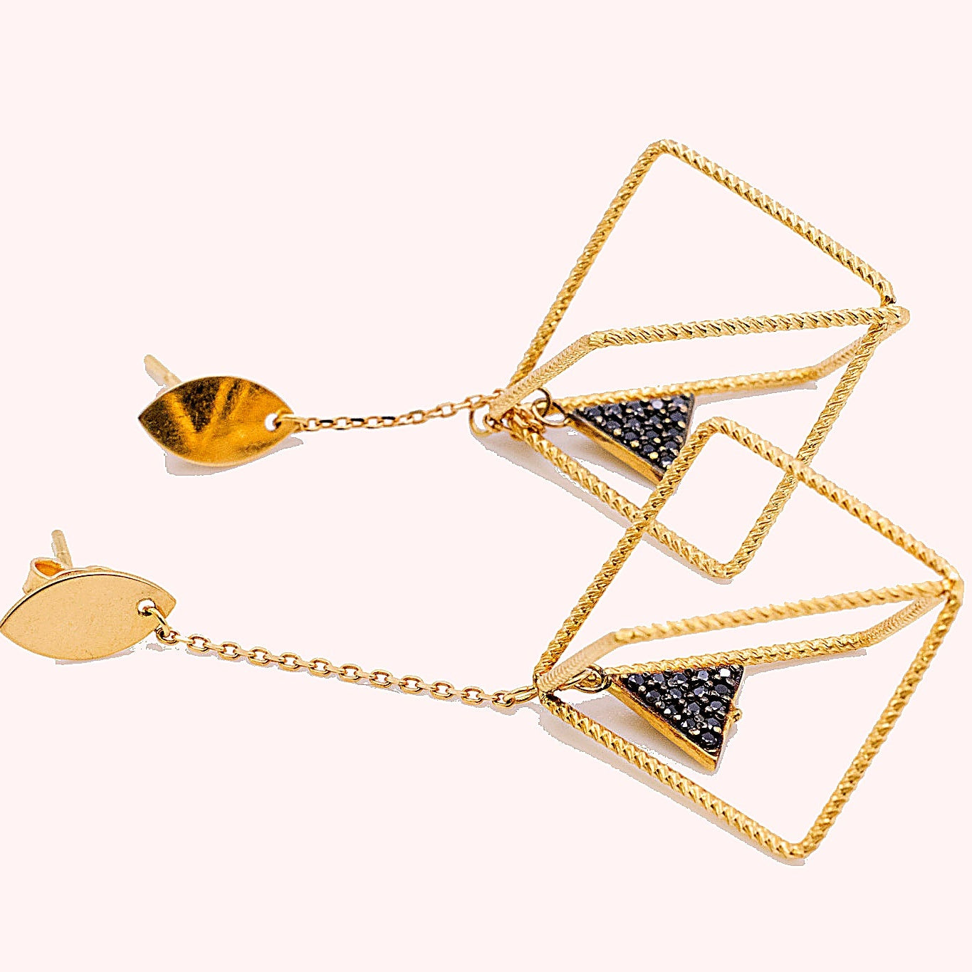 18K Gold Geometric Diamond Frame Drop Earrings with Black CZ Triangle