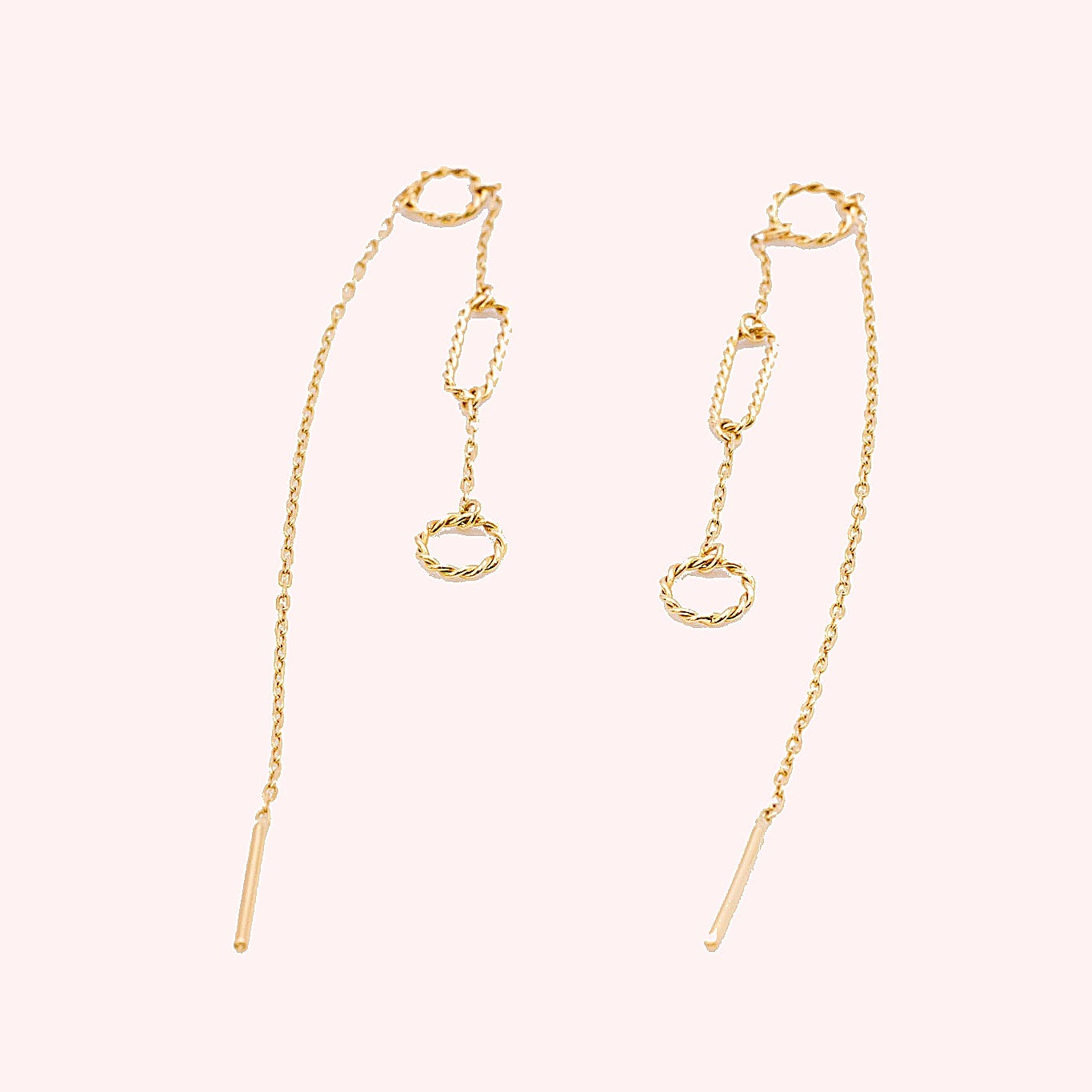 18K Gold Threader Chain Earrings with Double Link Circle Design