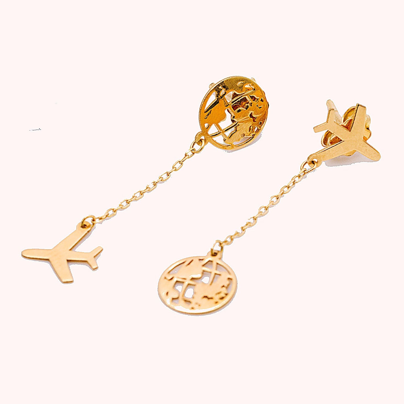 18K Gold Airplane & World Map Drop Earrings with Chain