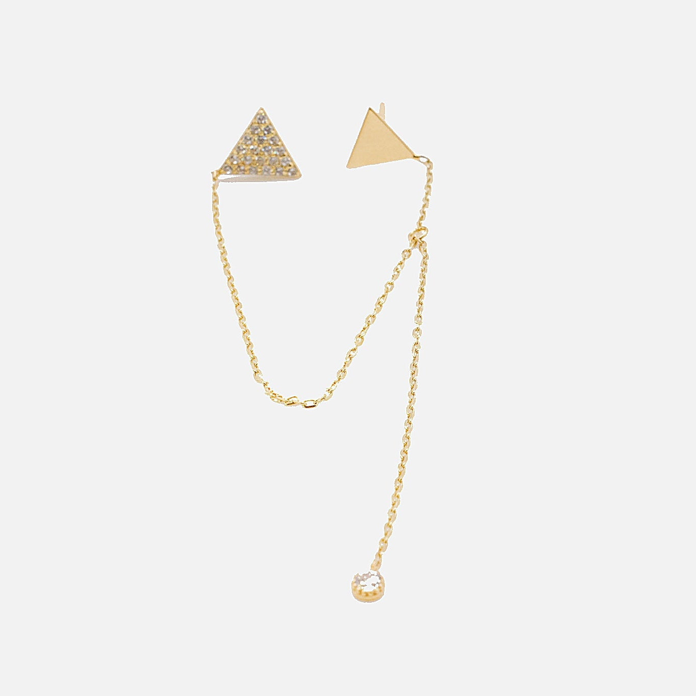 18K Gold Asymmetrical Triangle Chain Earrings with CZ Diamond Drop - Single