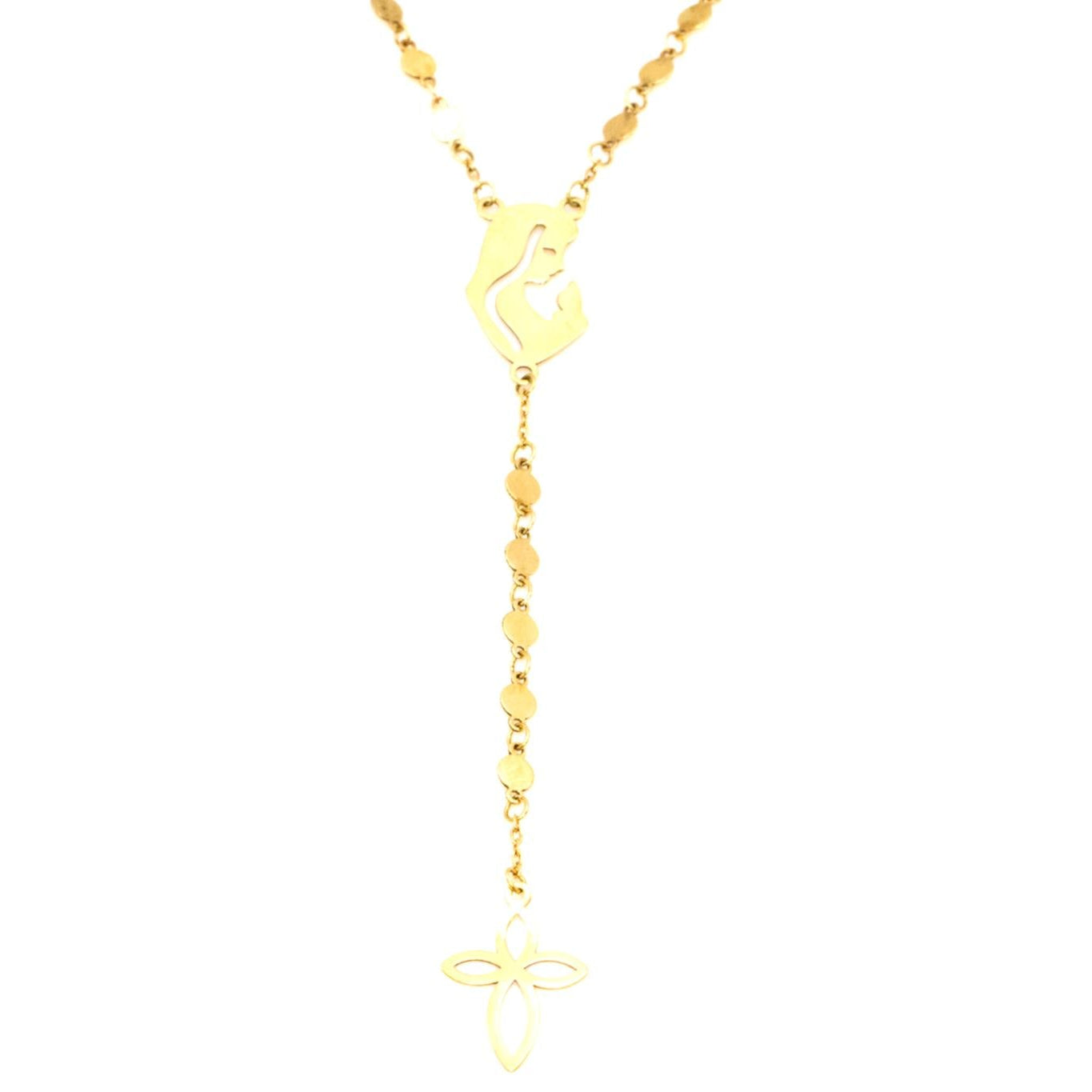 18K Solid Gold Mother & Child Drop Necklace with Cross Pendant