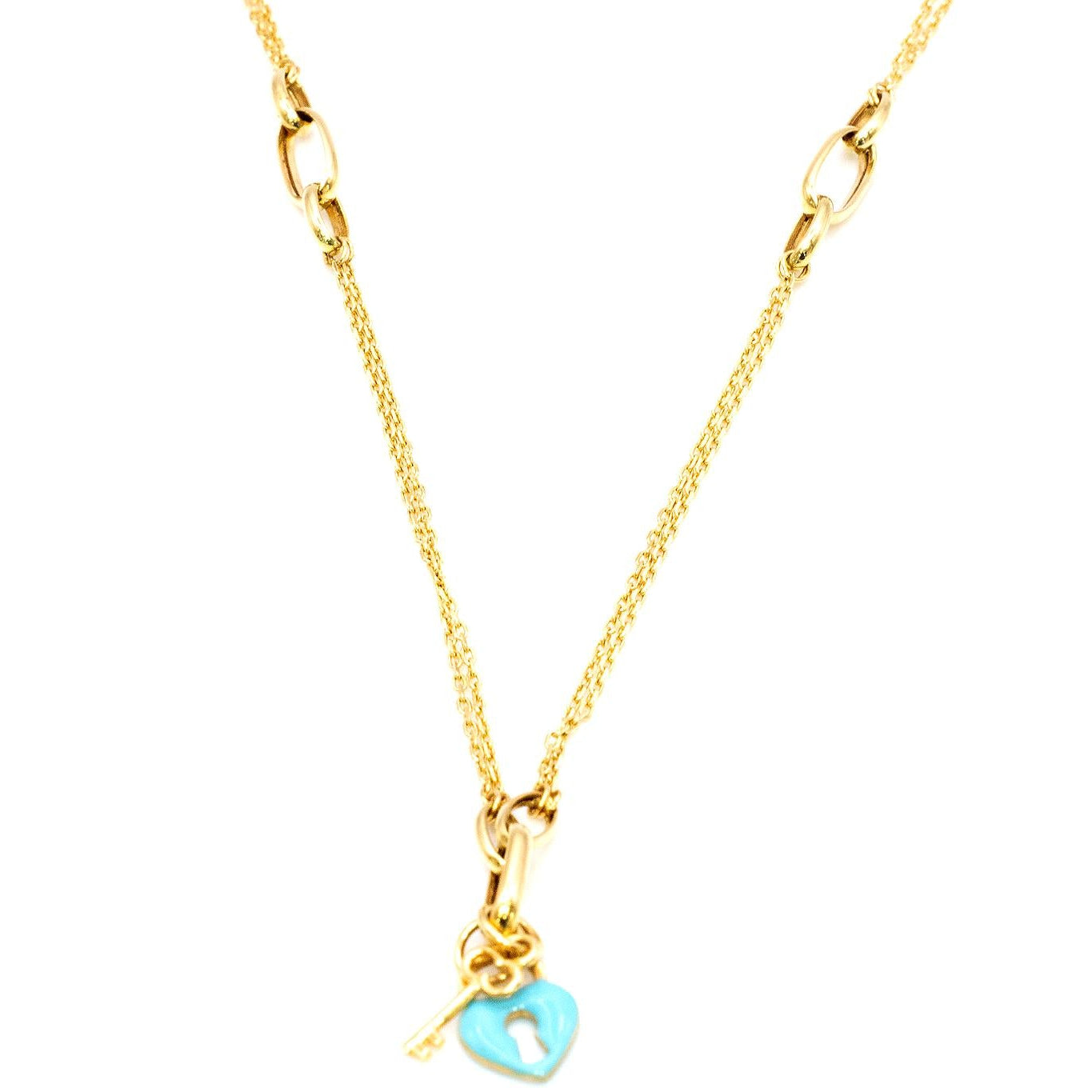 18K Gold Blue Enamel Heart Lock & Key Necklace
