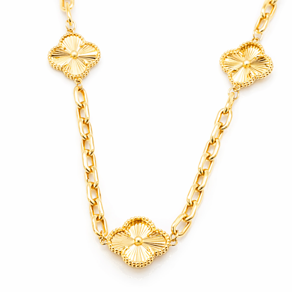 18K Solid Gold Clover Link Necklace - 3 Clovers