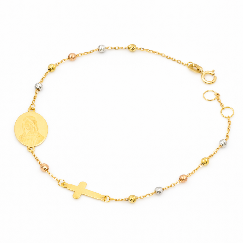 18K Tri-Color Gold Rosary Bracelet – Virgin Mary Medal & Cross Beaded Bracelet