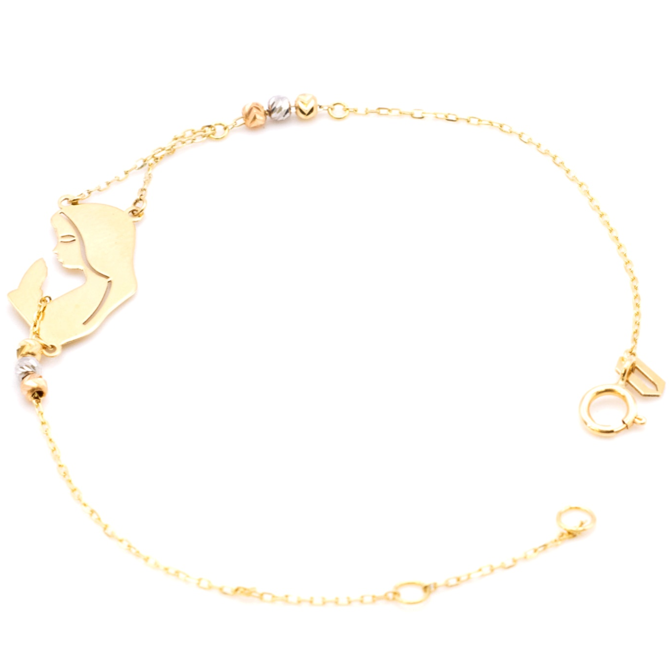 18K Gold Mother & Child Silhouette Bracelet – Tri Color Beads Adjustable Dainty Chain
