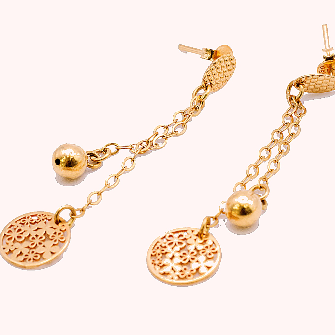 18K Gold Floral Coin Drop Earrings with Chain and Bead Detail