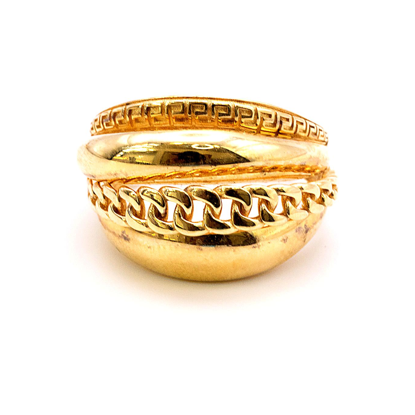 18K Gold Multi-Layer Band Ring – Chain & Greek Key Textured Statement Ring